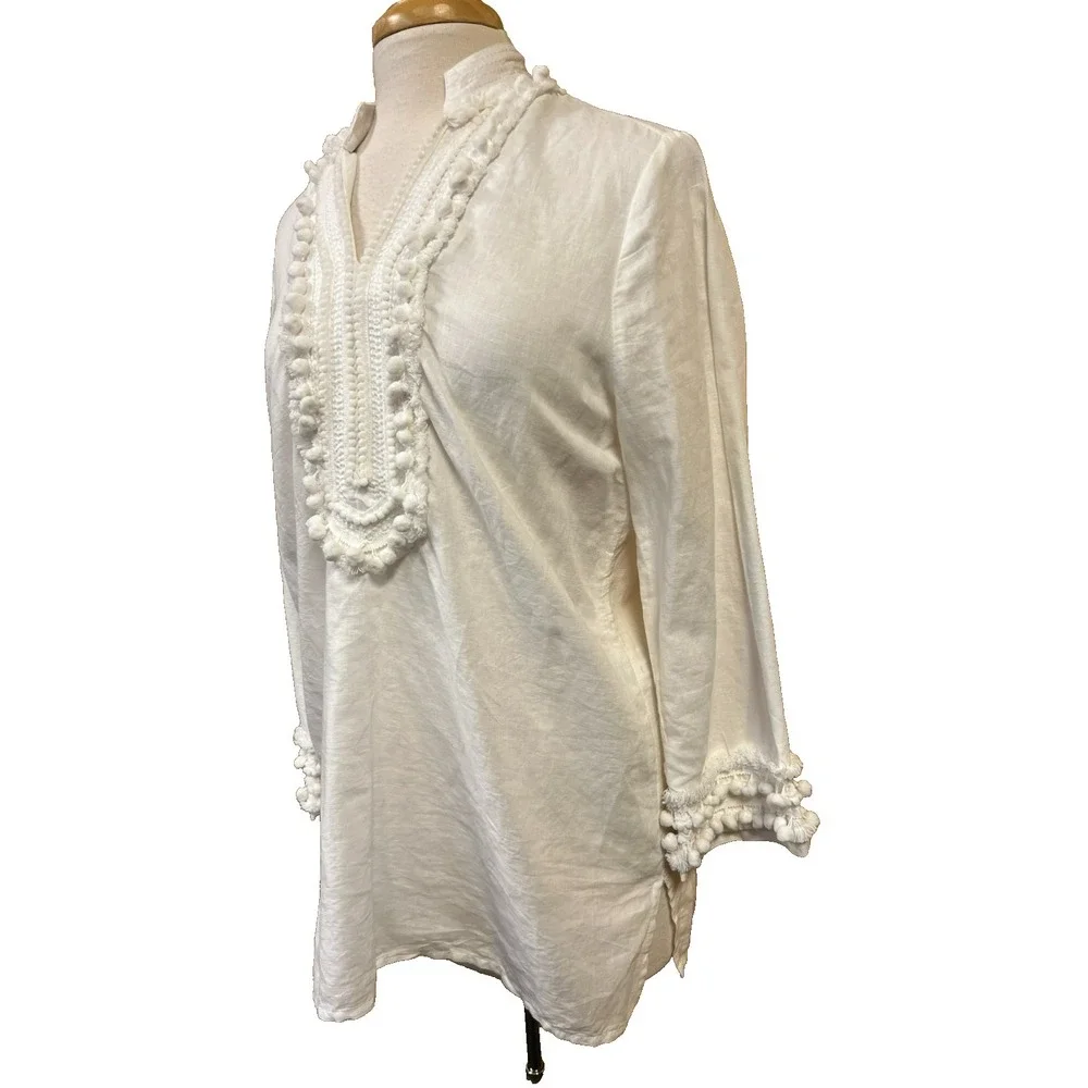 Chico's SZ 1 White Linen Tunic Top Pompom + Fringe Accented‎ V-Neck 3/4 Sleeves